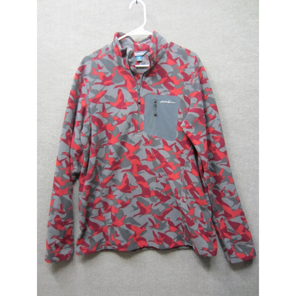 Eddie Bauer Mens Tall TL Fleece Quarter Zip Pullover Red Grey Bird Camo Print